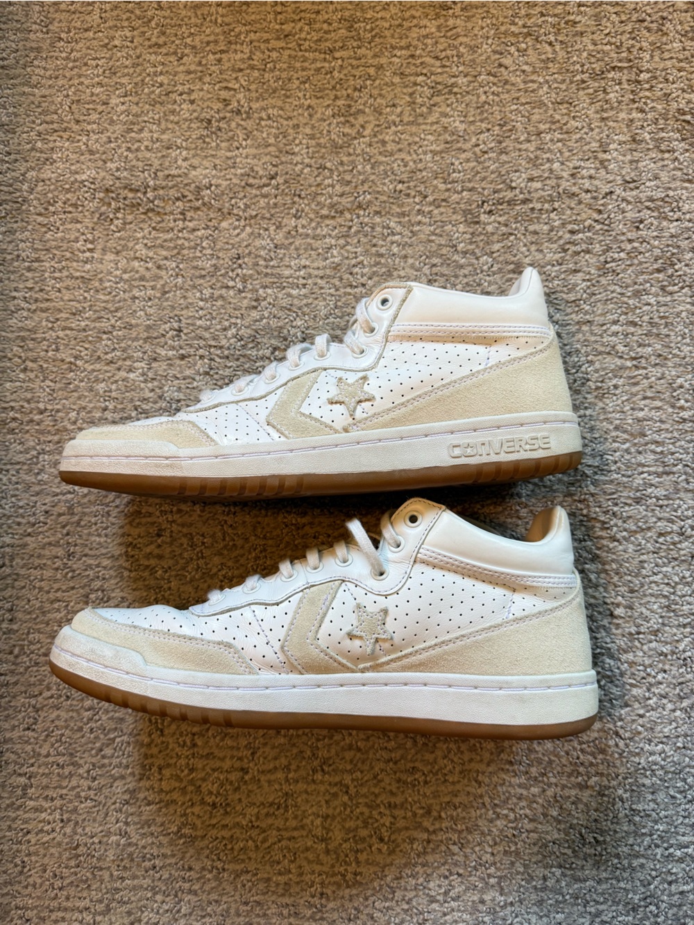 Vintage Converse White and Beige Leather Mid-Tops